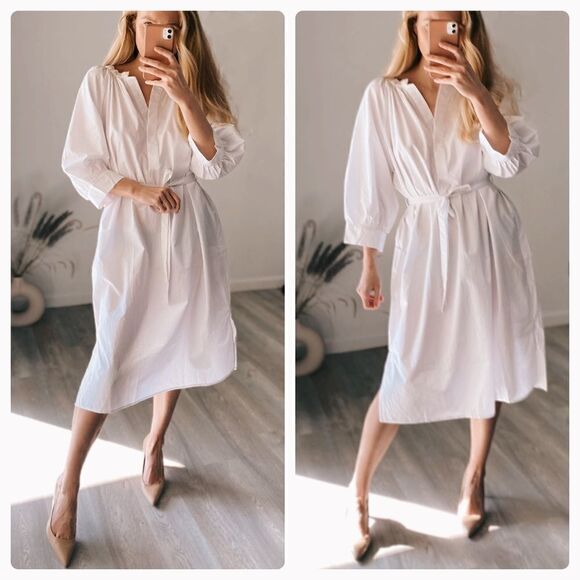 Mango Poplin Cotton White Belted Dress New - Picture 4 of 4